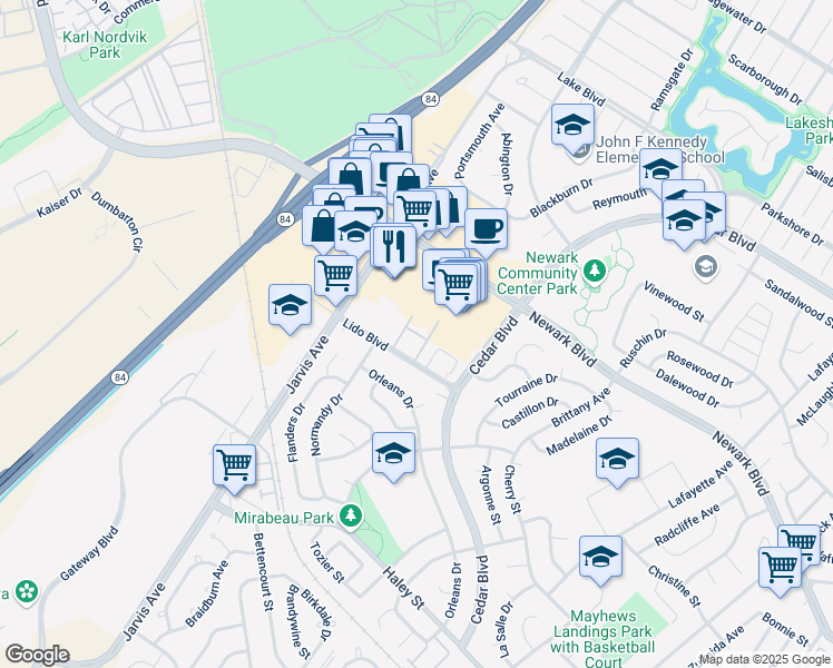 map of restaurants, bars, coffee shops, grocery stores, and more near 35175 Lido Boulevard in Newark