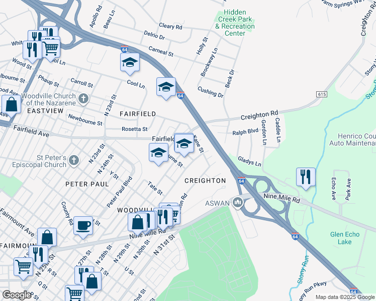 map of restaurants, bars, coffee shops, grocery stores, and more near 2203 North 28th Street in Richmond