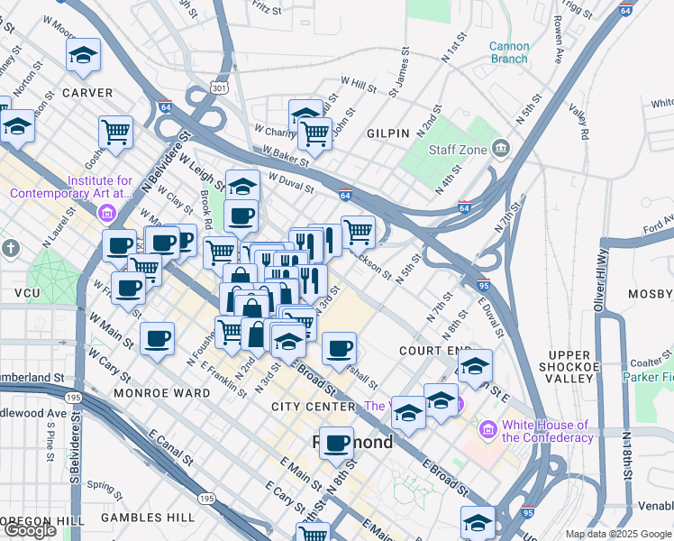 map of restaurants, bars, coffee shops, grocery stores, and more near 512 North 3rd Street in Richmond
