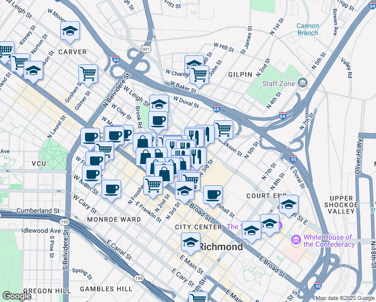 map of restaurants, bars, coffee shops, grocery stores, and more near 107 East Clay Street in Richmond