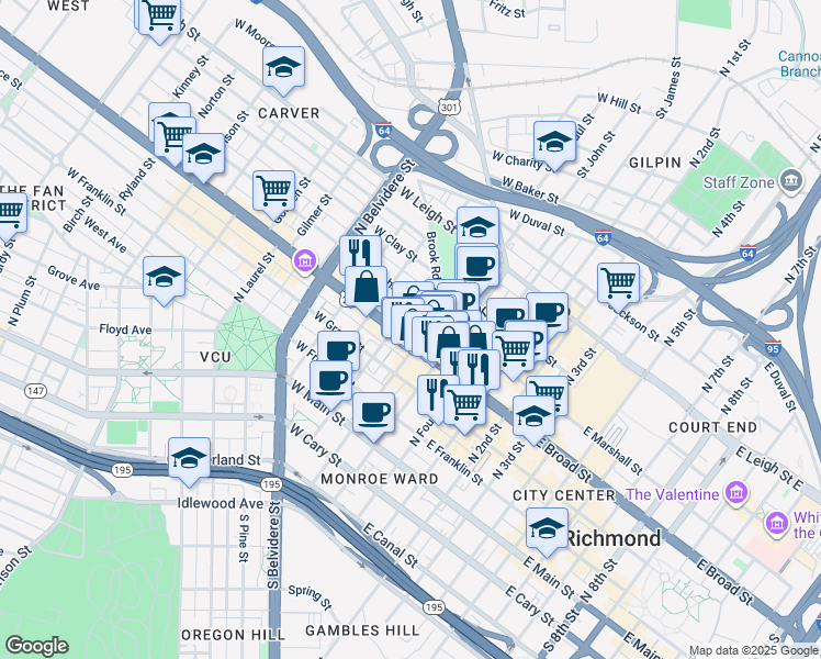 map of restaurants, bars, coffee shops, grocery stores, and more near in Richmond