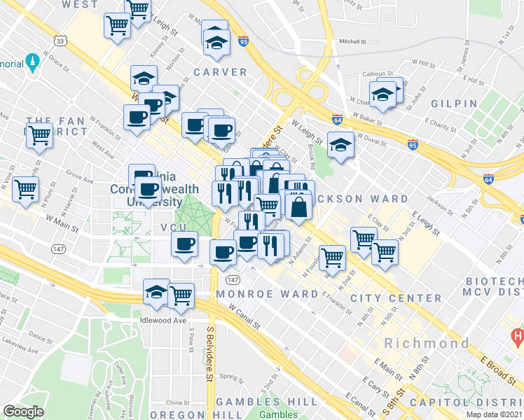 map of restaurants, bars, coffee shops, grocery stores, and more near 321 West Grace Street in Richmond