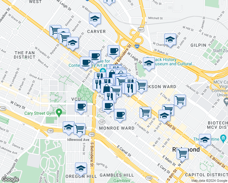 map of restaurants, bars, coffee shops, grocery stores, and more near 321 West Grace Street in Richmond