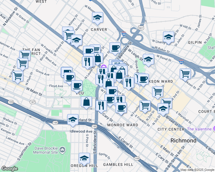 map of restaurants, bars, coffee shops, grocery stores, and more near 501 West Franklin Street in Richmond