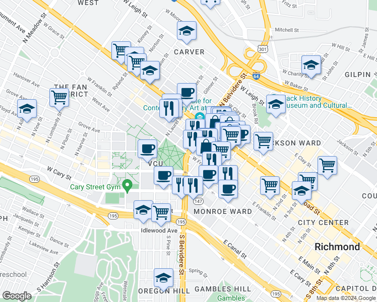 map of restaurants, bars, coffee shops, grocery stores, and more near 415 West Franklin Street in Richmond