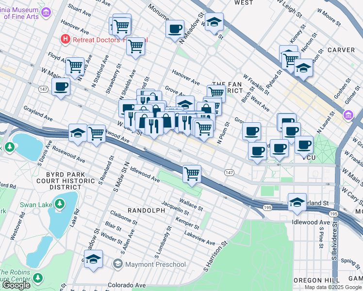 map of restaurants, bars, coffee shops, grocery stores, and more near in Richmond