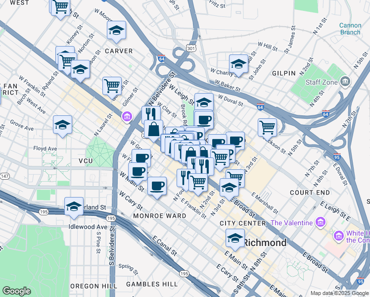 map of restaurants, bars, coffee shops, grocery stores, and more near in Richmond