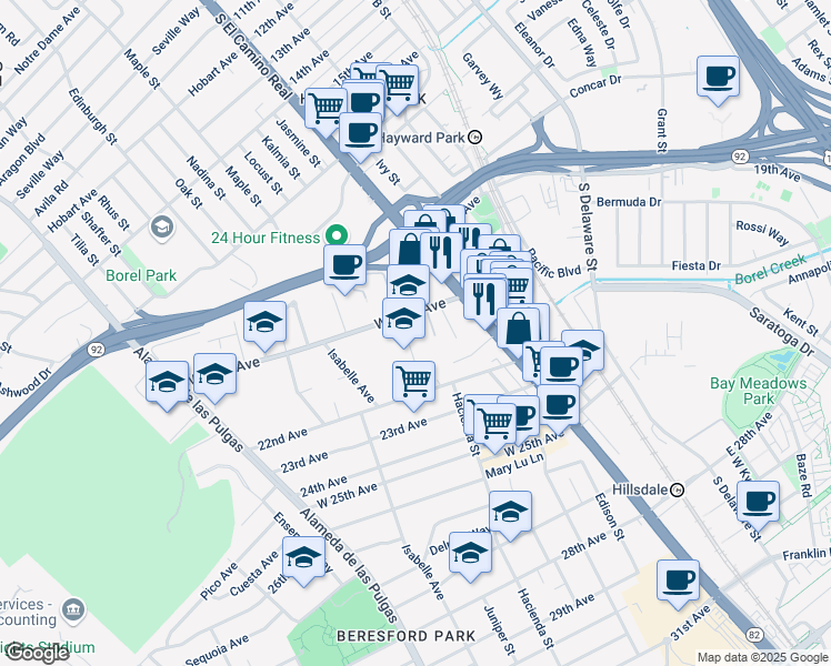 map of restaurants, bars, coffee shops, grocery stores, and more near 2051 Pioneer Court in San Mateo