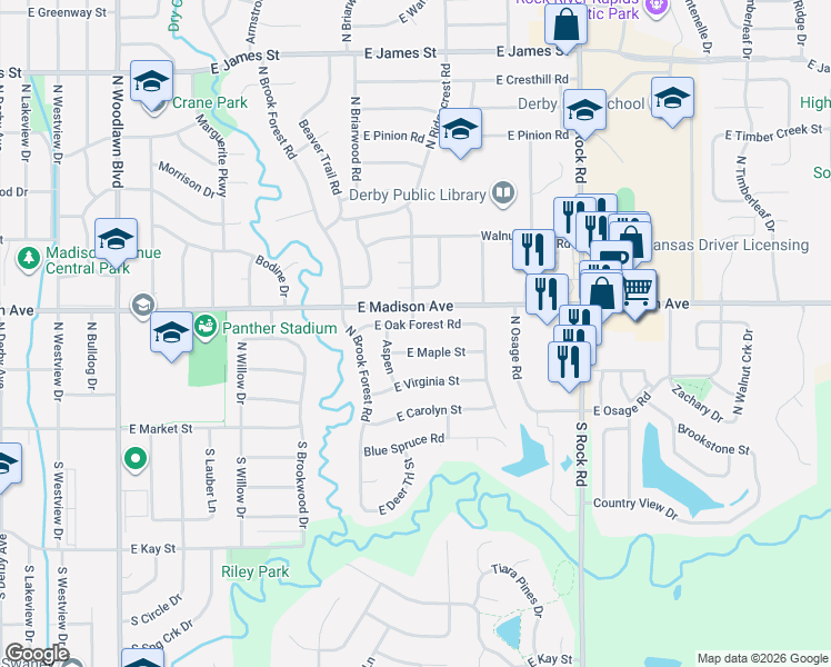 map of restaurants, bars, coffee shops, grocery stores, and more near 1413 East Maple Street in Derby