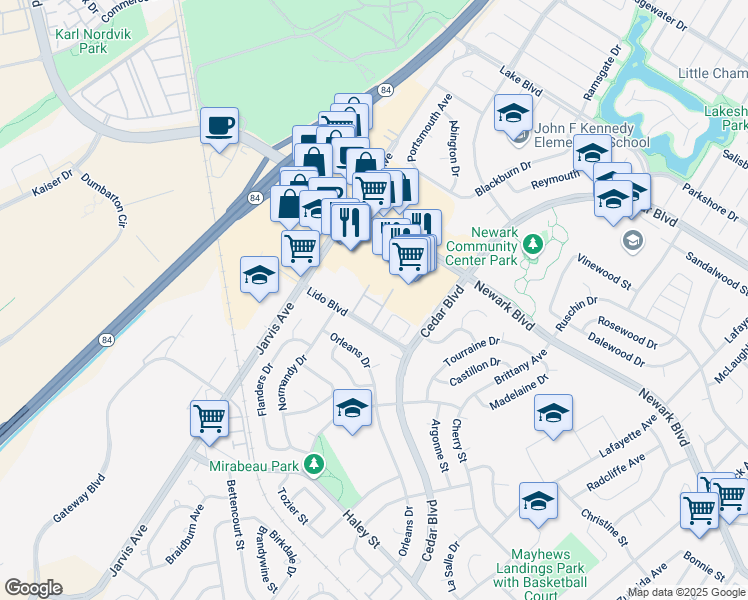 map of restaurants, bars, coffee shops, grocery stores, and more near 35156 Lido Boulevard in Newark