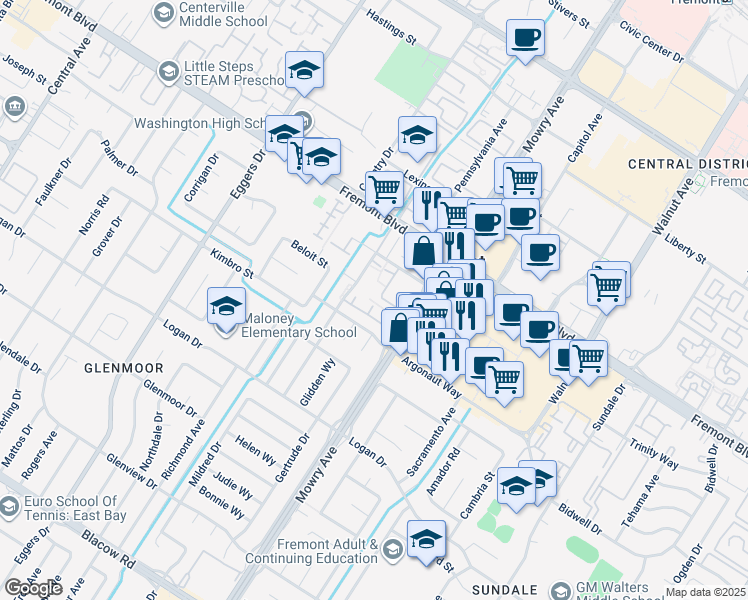 map of restaurants, bars, coffee shops, grocery stores, and more near 4205 Mowry Avenue in Fremont