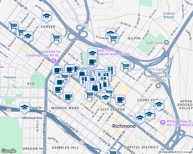 map of restaurants, bars, coffee shops, grocery stores, and more near 1 West Clay Street in Richmond