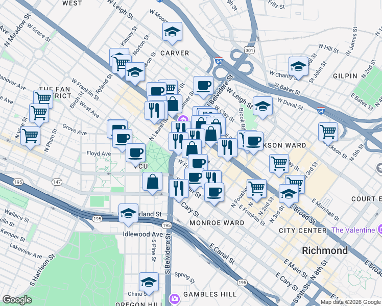map of restaurants, bars, coffee shops, grocery stores, and more near 415 West Franklin Street in Richmond