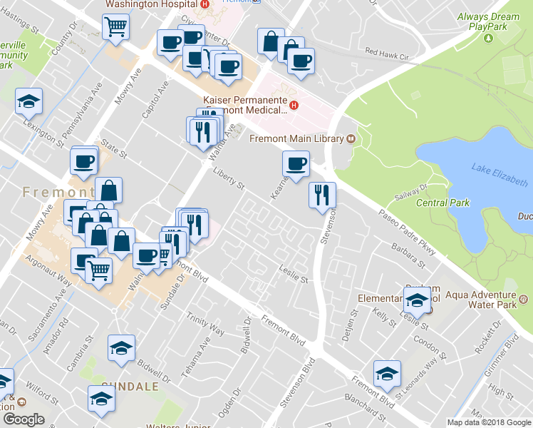 map of restaurants, bars, coffee shops, grocery stores, and more near 3463 Ellery Common in Fremont