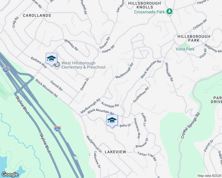 map of restaurants, bars, coffee shops, grocery stores, and more near 1425 Marlborough Road in Hillsborough