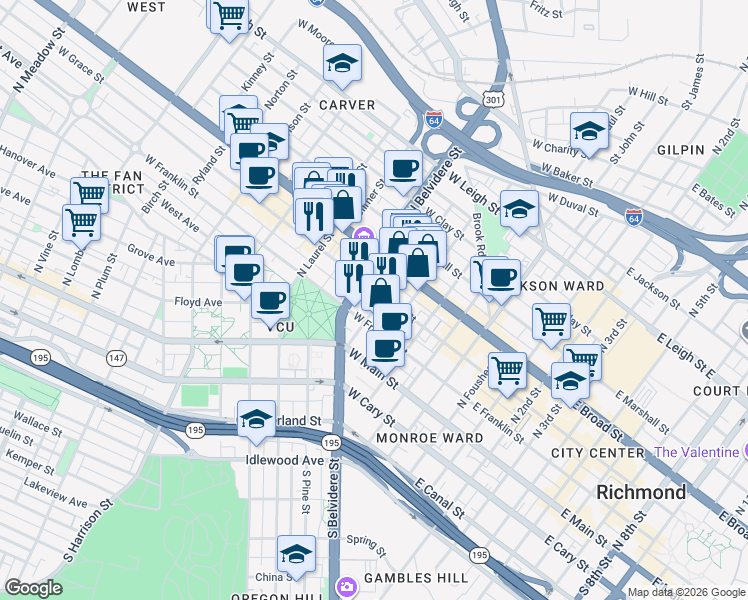 map of restaurants, bars, coffee shops, grocery stores, and more near 518w West Grace Street in Richmond