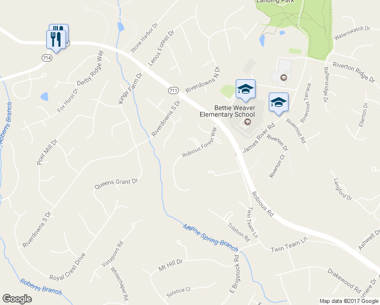 map of restaurants, bars, coffee shops, grocery stores, and more near 3501 Robious Forest Way in Midlothian