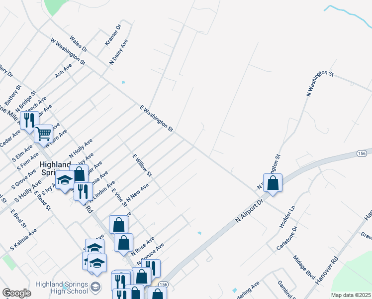 map of restaurants, bars, coffee shops, grocery stores, and more near 242 North New Avenue in Highland Springs