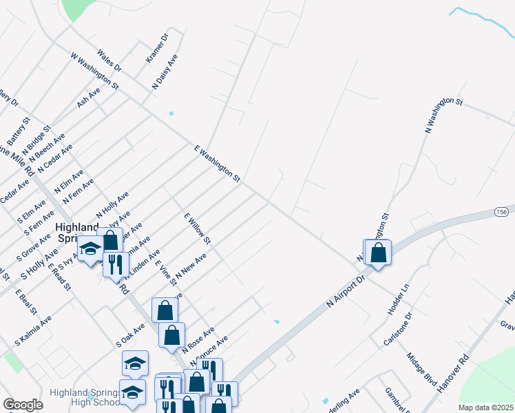 map of restaurants, bars, coffee shops, grocery stores, and more near 242 North New Avenue in Highland Springs