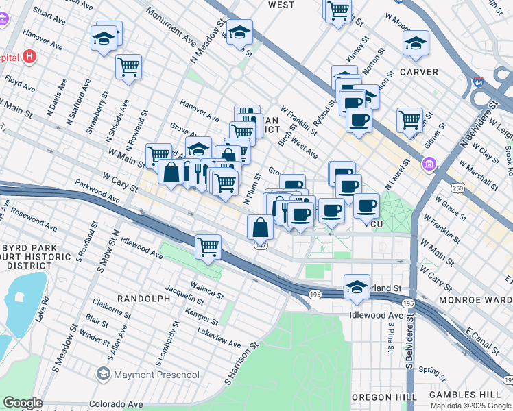 map of restaurants, bars, coffee shops, grocery stores, and more near 1401 Floyd Avenue in Richmond