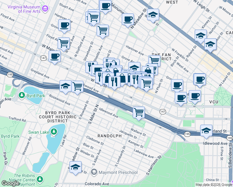 map of restaurants, bars, coffee shops, grocery stores, and more near 3A South Granby Street in Richmond