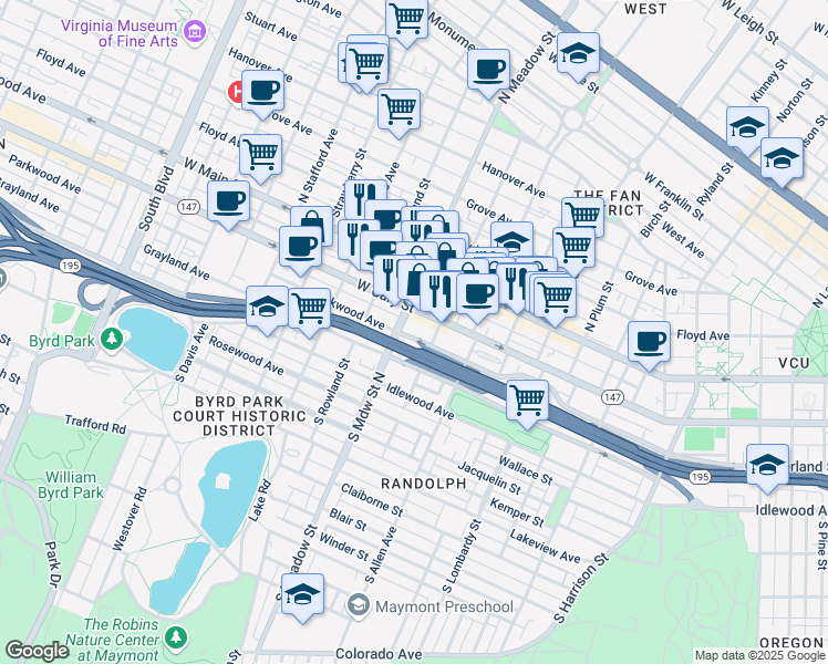 map of restaurants, bars, coffee shops, grocery stores, and more near 1912 Parkwood Avenue in Richmond