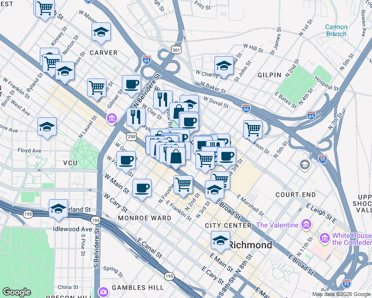 map of restaurants, bars, coffee shops, grocery stores, and more near 115 West Clay Street in Richmond