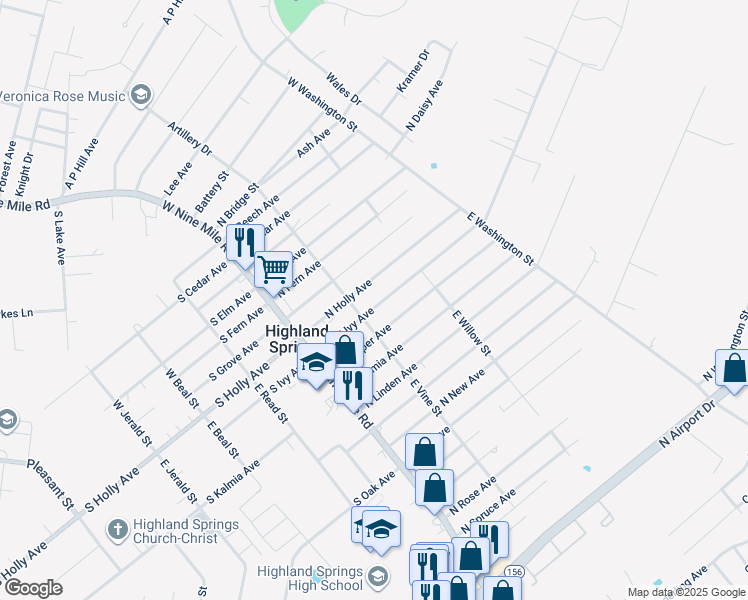 map of restaurants, bars, coffee shops, grocery stores, and more near 108 North Ivy Avenue in Henrico