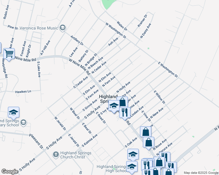 map of restaurants, bars, coffee shops, grocery stores, and more near 8 North Grove Avenue in Highland Springs