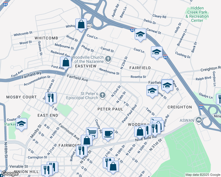 map of restaurants, bars, coffee shops, grocery stores, and more near 1917 North 22nd Street in Richmond