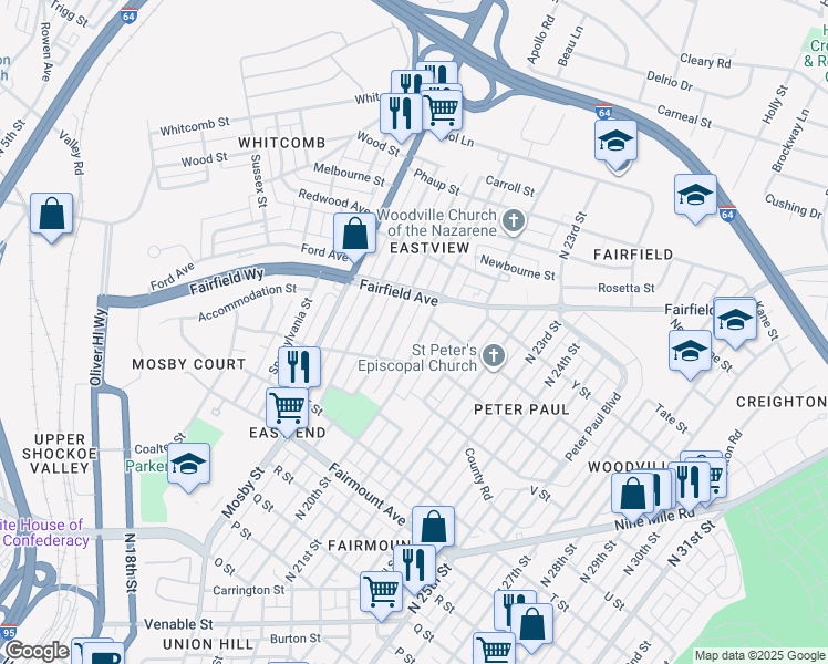 map of restaurants, bars, coffee shops, grocery stores, and more near 1541 North 19th Street in Richmond