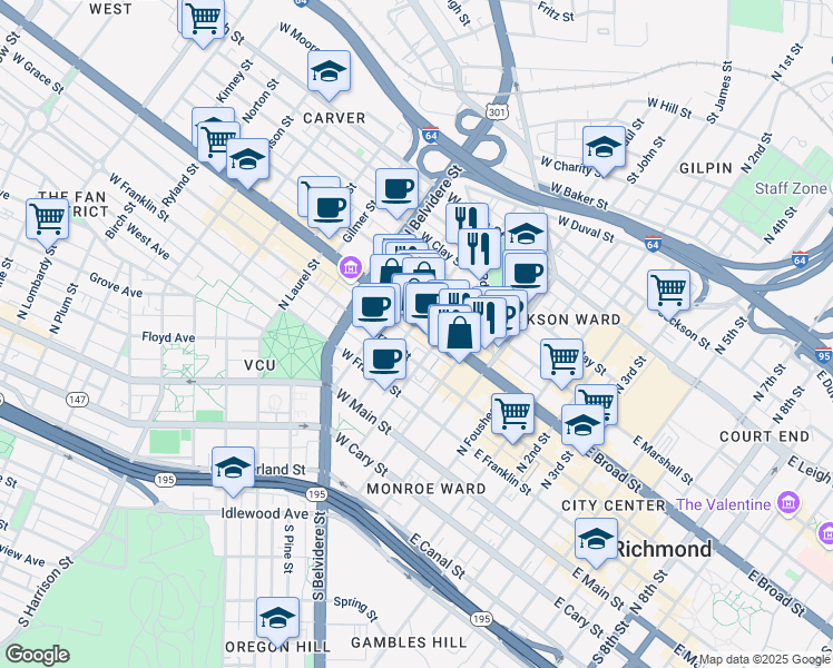 map of restaurants, bars, coffee shops, grocery stores, and more near 309 North Monroe Street in Richmond