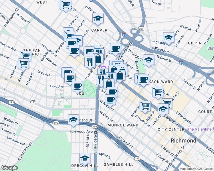 map of restaurants, bars, coffee shops, grocery stores, and more near 518w West Grace Street in Richmond