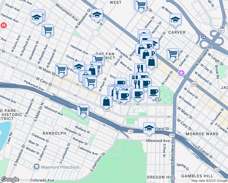 map of restaurants, bars, coffee shops, grocery stores, and more near 108 North Morris Street in Richmond