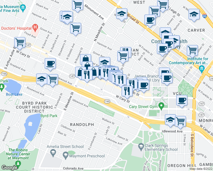 map of restaurants, bars, coffee shops, grocery stores, and more near 1616 West Main Street in Richmond