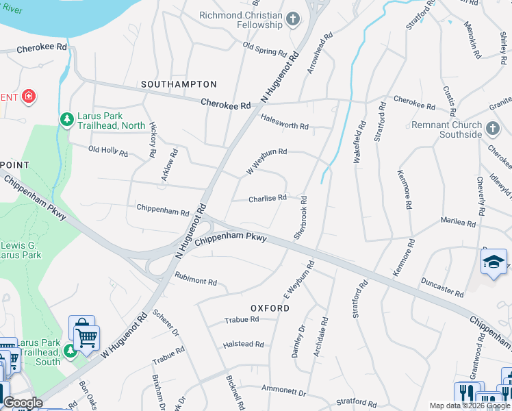 map of restaurants, bars, coffee shops, grocery stores, and more near 8342 Charlise Road in Richmond