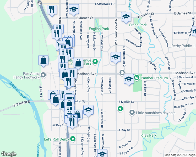 map of restaurants, bars, coffee shops, grocery stores, and more near 600 East Madison Avenue in Derby