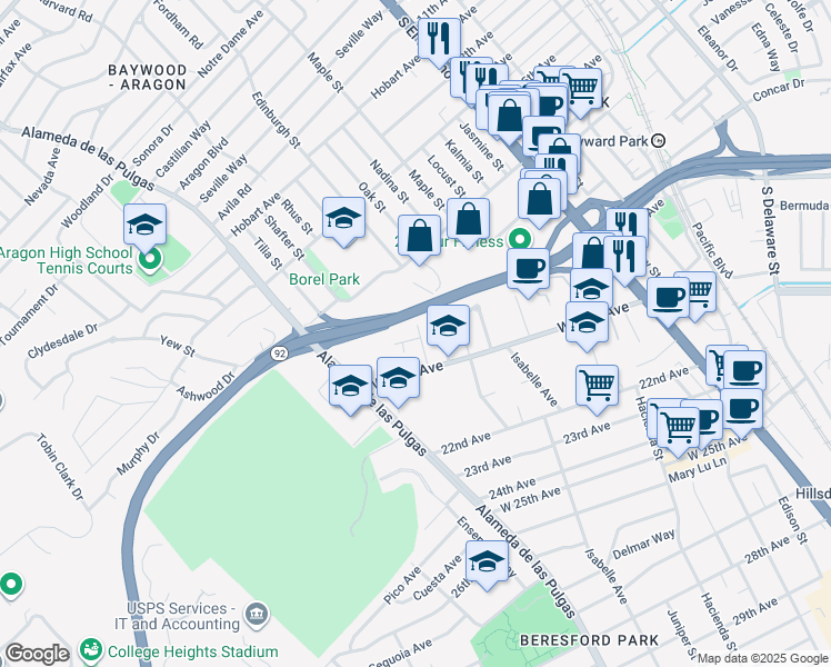 map of restaurants, bars, coffee shops, grocery stores, and more near 472 Gymkhana Road in San Mateo
