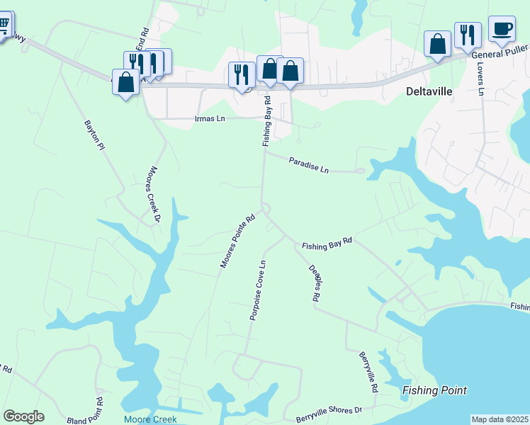 map of restaurants, bars, coffee shops, grocery stores, and more near 361 Fishing Bay Road in Deltaville