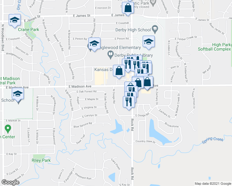 map of restaurants, bars, coffee shops, grocery stores, and more near 312 North Osage Road in Derby
