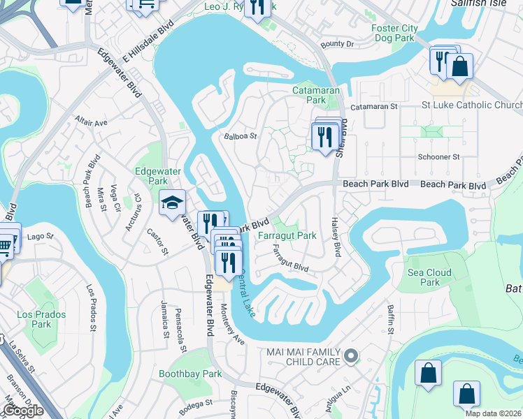 map of restaurants, bars, coffee shops, grocery stores, and more near 831 Vespucci Lane in Foster City