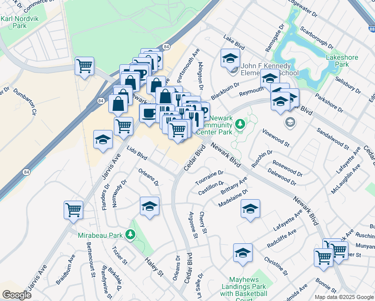 map of restaurants, bars, coffee shops, grocery stores, and more near 35229 Newark Blvd in Newark