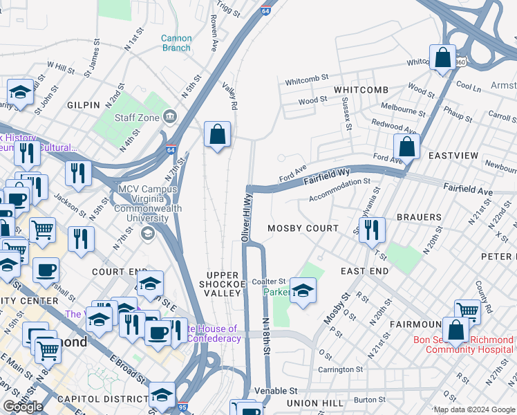 map of restaurants, bars, coffee shops, grocery stores, and more near 1701 Fairfield Way in Richmond