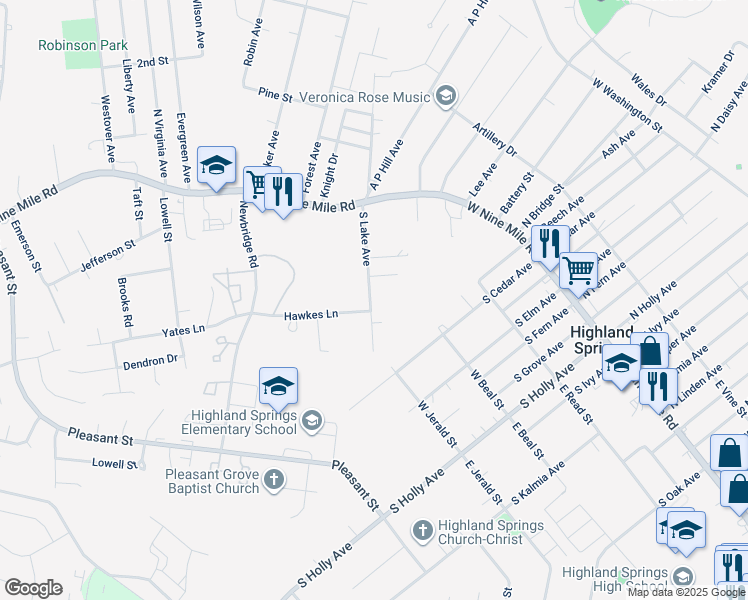 map of restaurants, bars, coffee shops, grocery stores, and more near 209 South Lake Avenue in Richmond