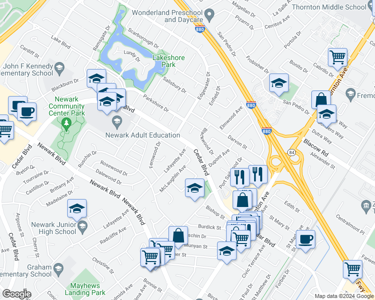 map of restaurants, bars, coffee shops, grocery stores, and more near 5370 Lafayette Avenue in Newark