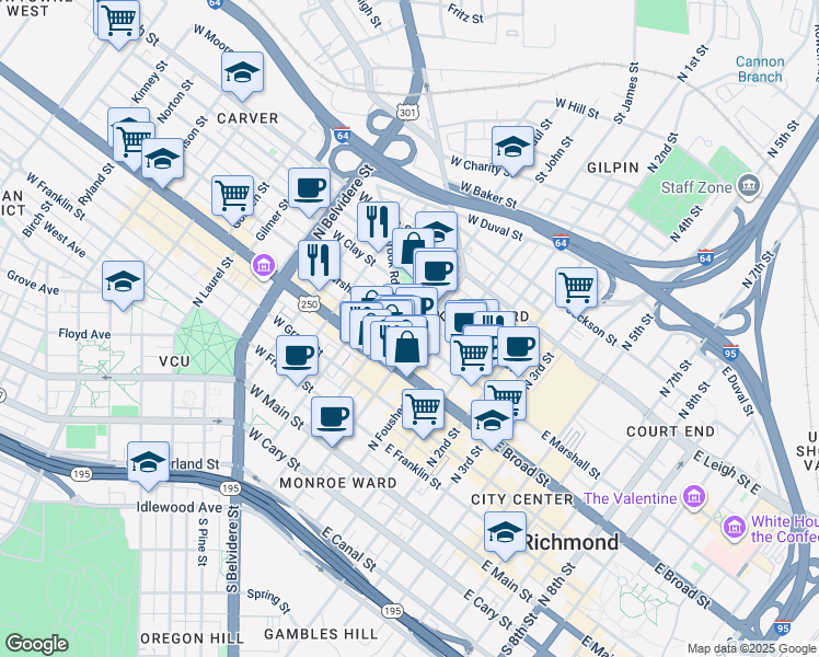map of restaurants, bars, coffee shops, grocery stores, and more near 110 West Marshall Street in Richmond