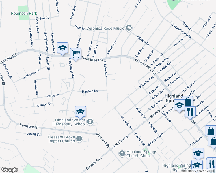 map of restaurants, bars, coffee shops, grocery stores, and more near 209 South Lake Avenue in Richmond