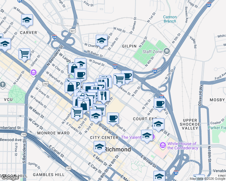 map of restaurants, bars, coffee shops, grocery stores, and more near 212 East Leigh Street in Richmond