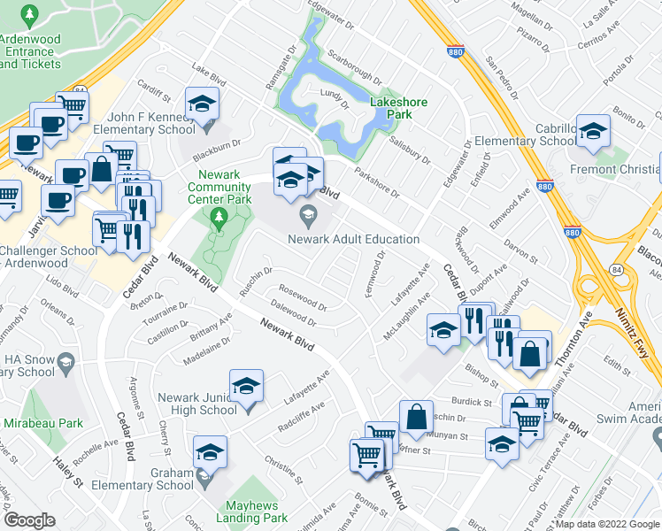 map of restaurants, bars, coffee shops, grocery stores, and more near 36186 Forestwood Drive in Newark
