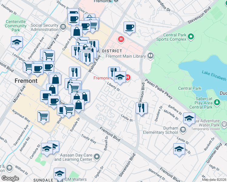 map of restaurants, bars, coffee shops, grocery stores, and more near 3299 Kearney Street in Fremont